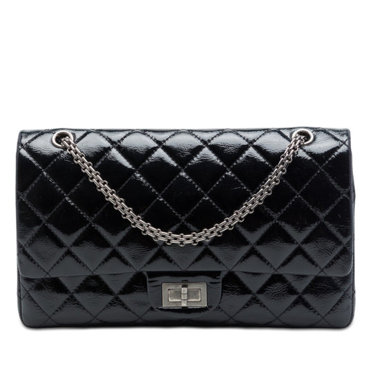 Chanel Reissue 2.55 Double Flap 227 Black Patent Leather Silver Hardware
