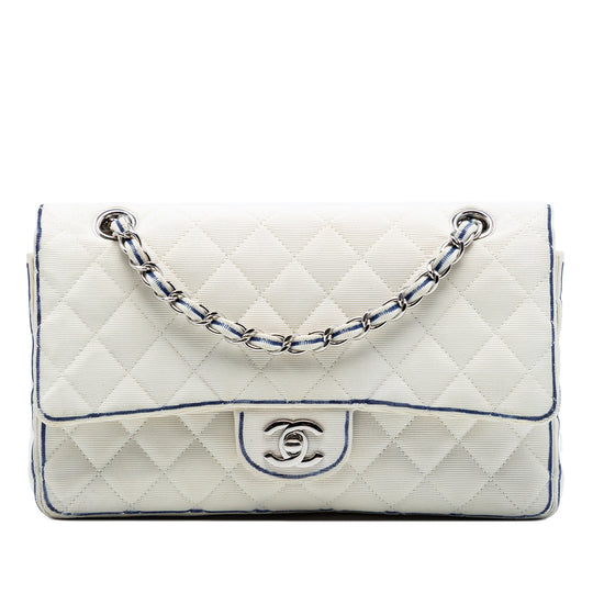 Chanel Classic Printed Grosgrain Double Flap Medium Blue Nylon