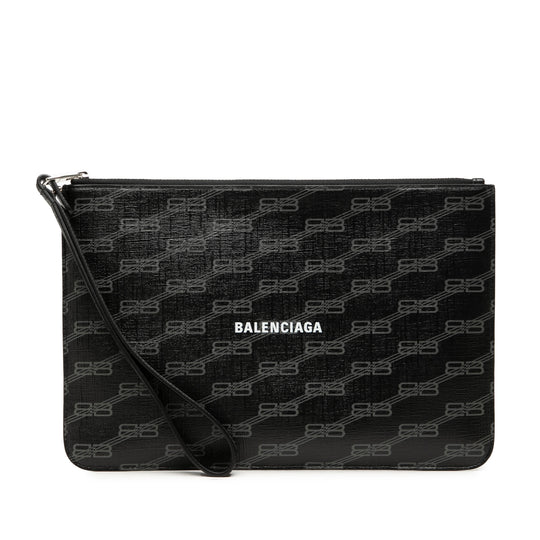 Balenciaga BB Monogram Wristlet Clutch Black Coated Canvas