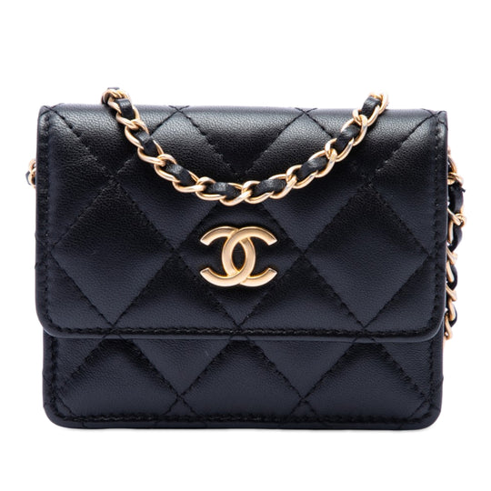 Chanel Romance Card Holder On Chain Black Lambskin