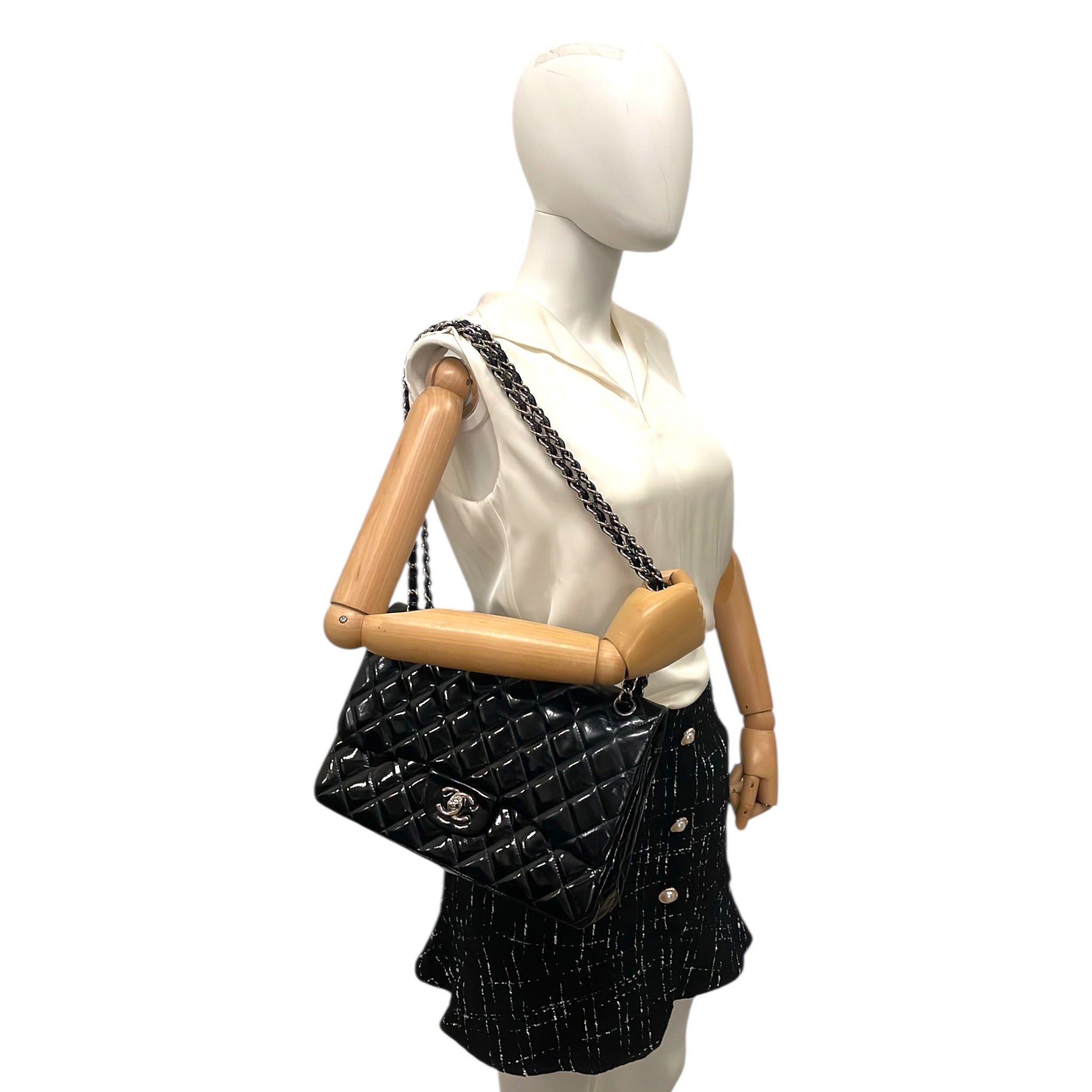 Chanel Classic Double Flap Jumbo Black Patent Leather Silver