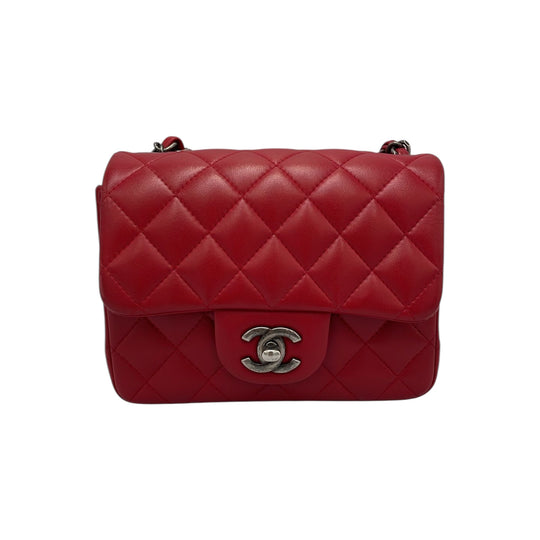Chanel Classic Mini Square Red Lambskin Ruthenium