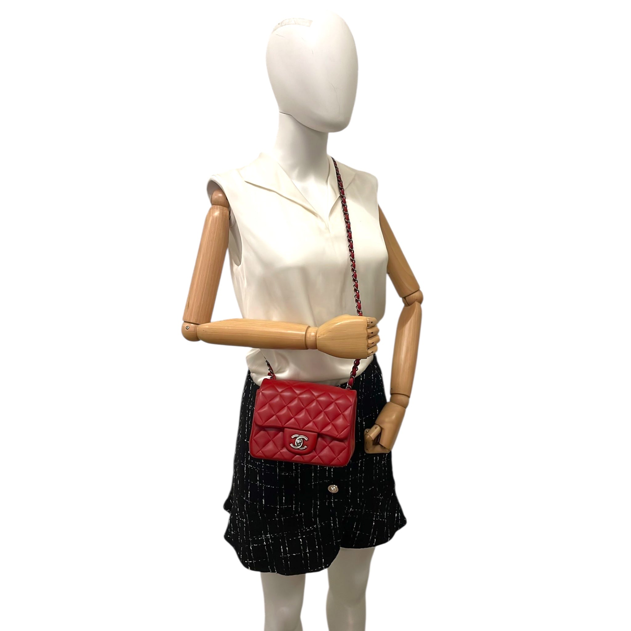 Chanel Classic Mini Square Red Lambskin Ruthenium