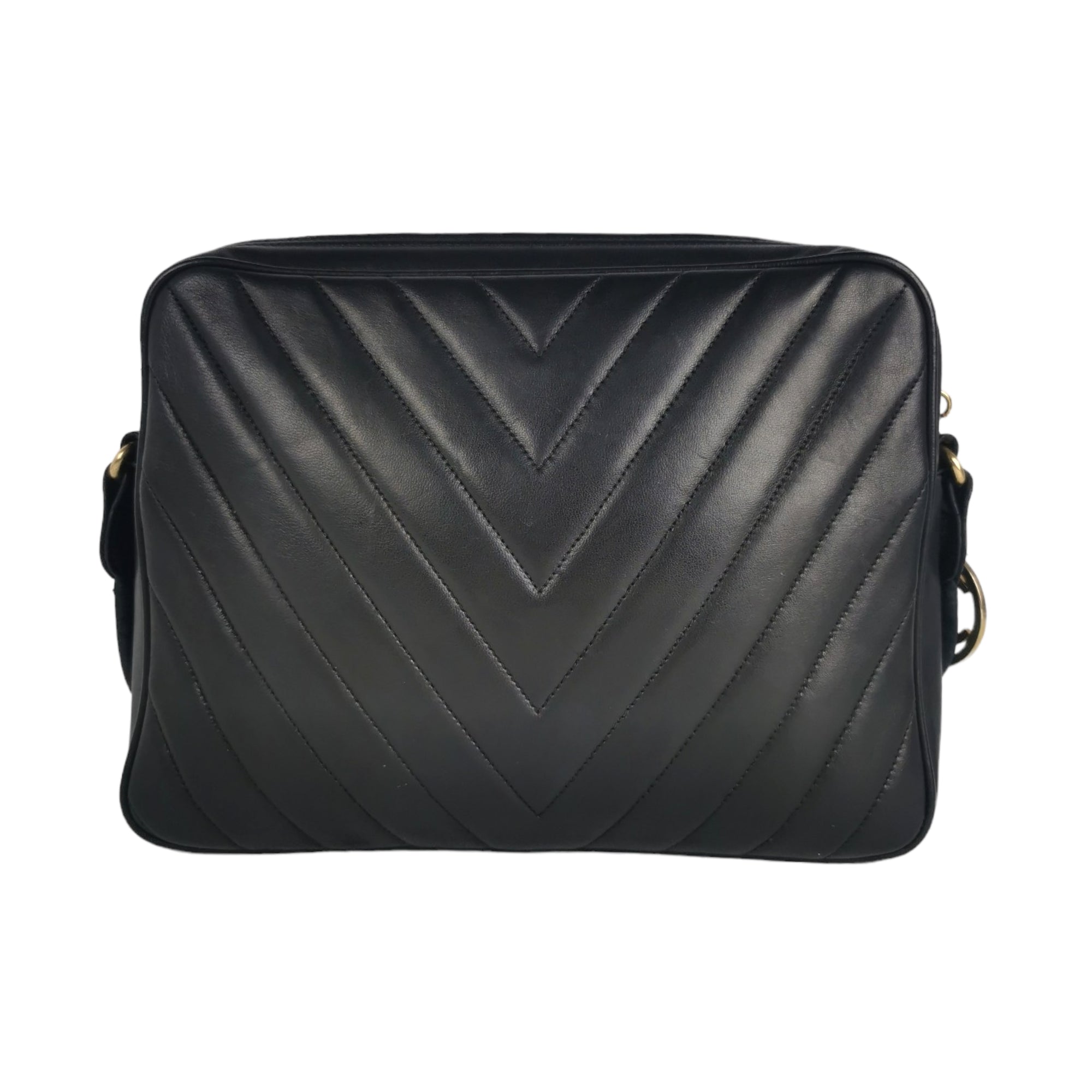 CHANEL Chevron Quilted Leather Bag Crossbody Shoulder Black