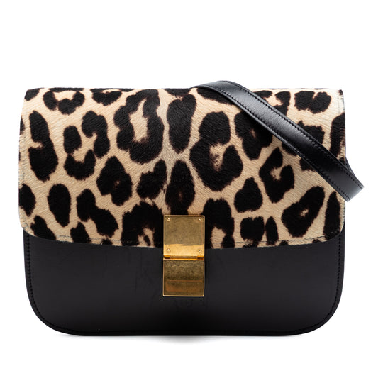 Celine Classic Box Medium Black Calfskin and Leopard Print Pony Hair Trim