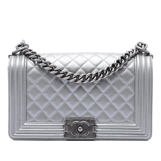 Chanel Boy Flap Old Medium Grey Quilted Metallic Caviar