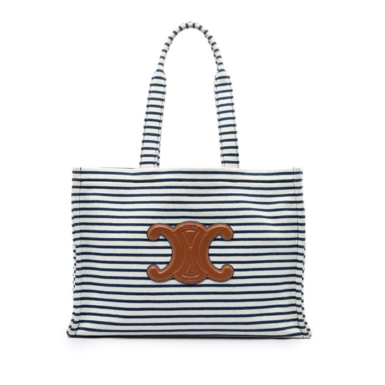 Celine Triomphe Cabas Thais Large White Striped Canvas