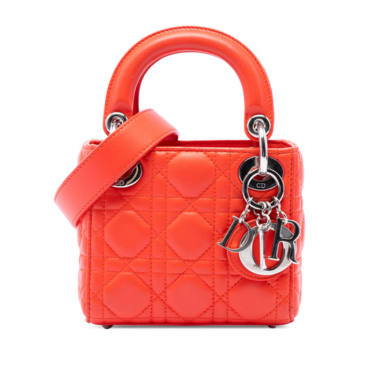 Dior Lady Dior Micro Orange Lambskin Cannage Silver