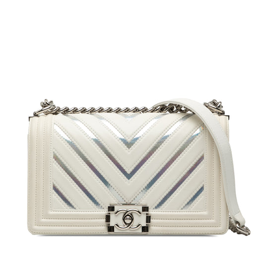 Chanel Boy Flap Medium White Lambskin Silver