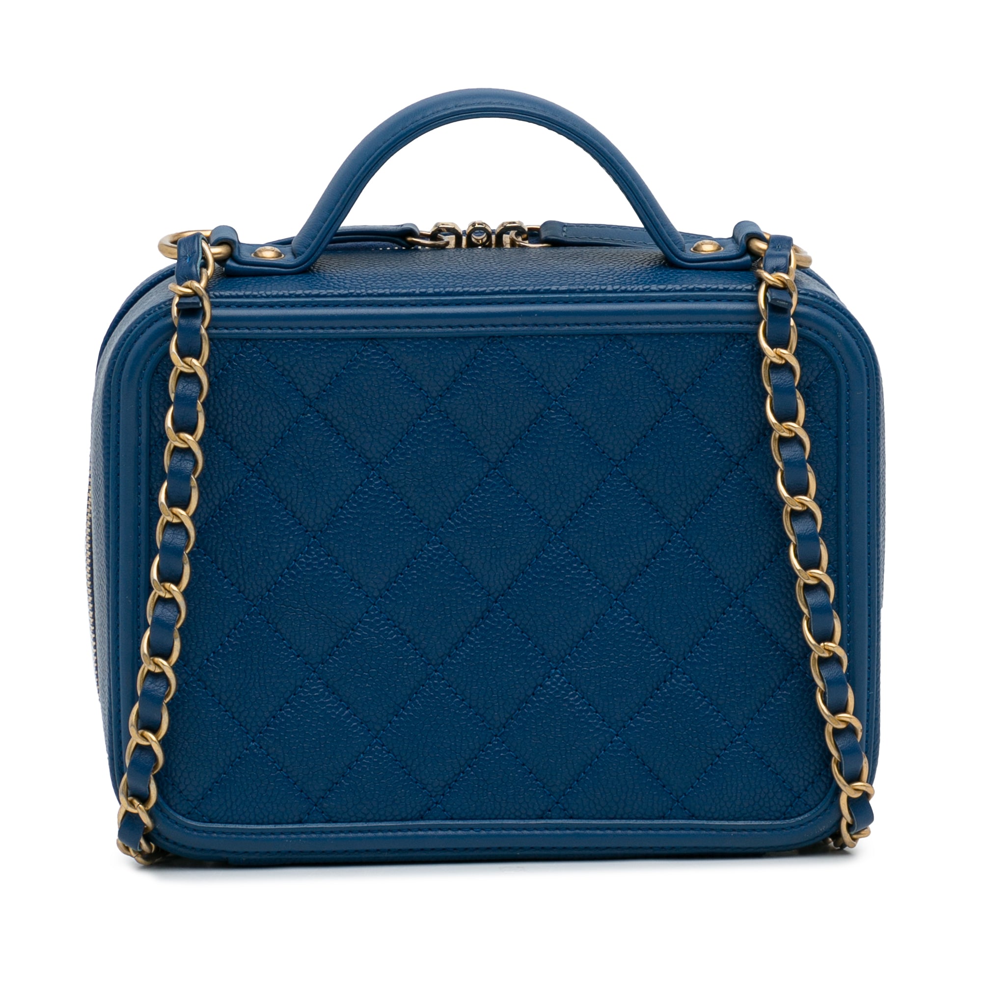 Chanel CC Filigree Vanity Case Blue Caviar Gold