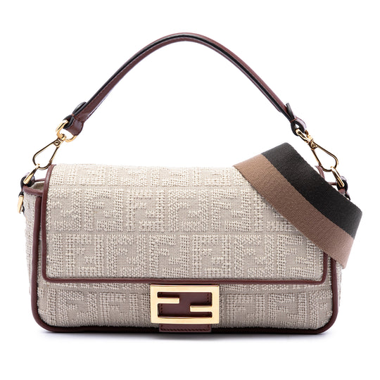 Fendi Baguette Beige Embroidered Canvas