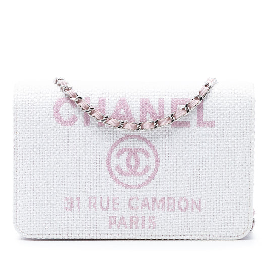 Chanel Deauville Wallet On Chain White Pink Canvas
