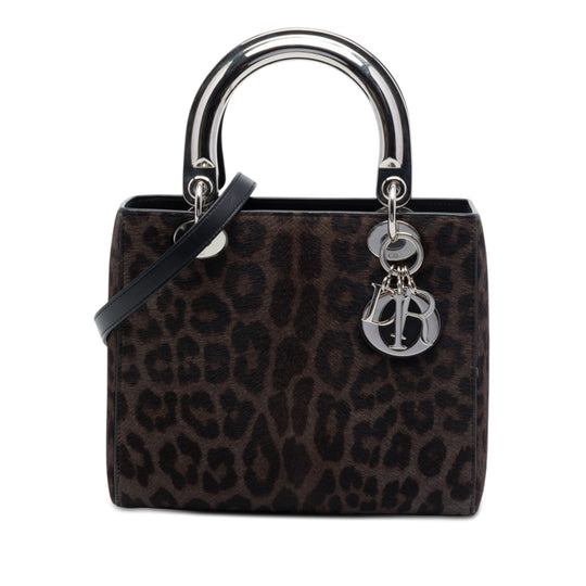 Dior Lady Dior Medium Brown Leopard Print Pony Hair Silver