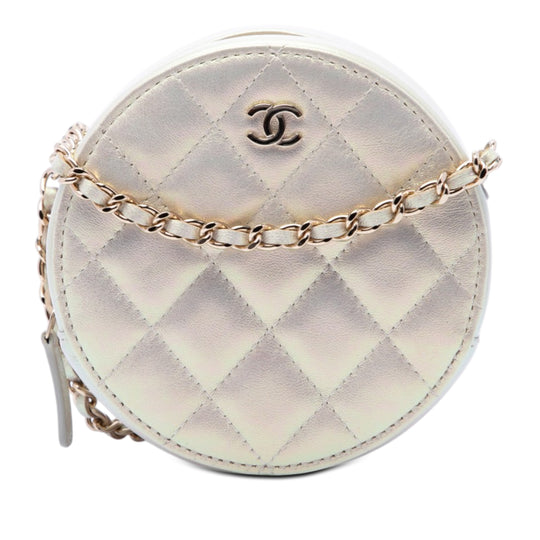 Chanel Quilted Round Clutch With Chain White Lambskin