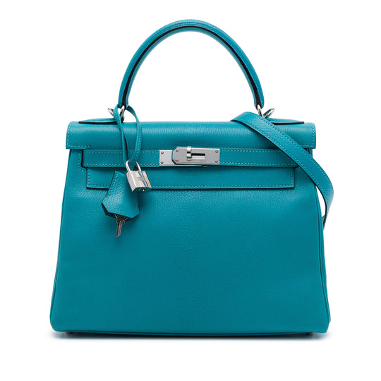 Hermès Kelly II Retourne 28 Blue Chevre Mysore Palladium