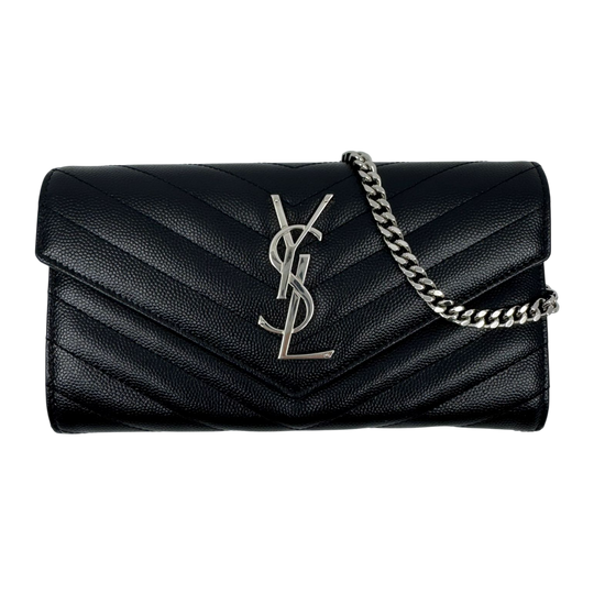 Saint Laurent Cassandra Chain Wallet (WOC) Black Leather Silver