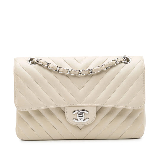 Chanel Classic Double Flap Small White Chevron Lambskin Silver