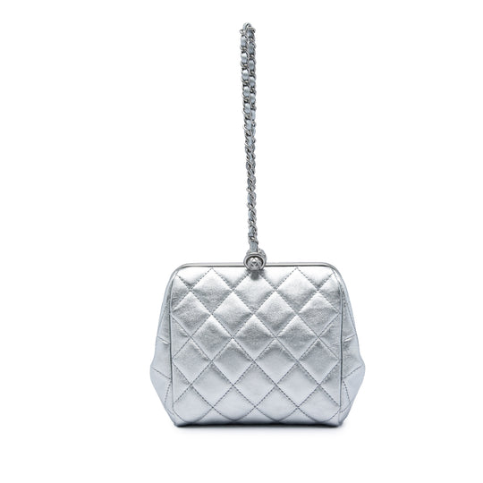 Chanel Quilted Evening Wristlet Clutch Silver Lambskin