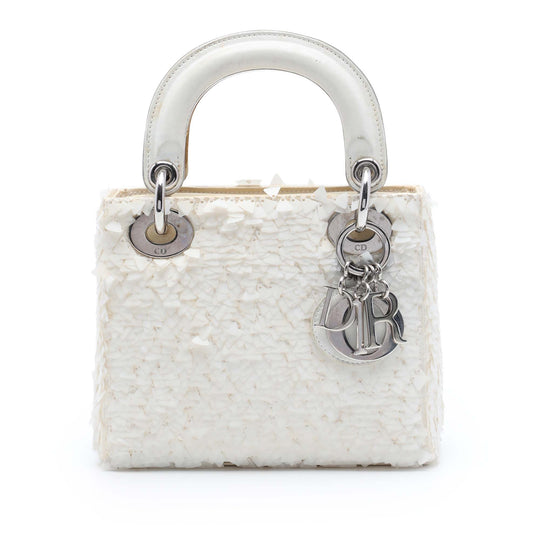 Dior Lady Dior Mini White Lambskin Satin Embellished Lambskin