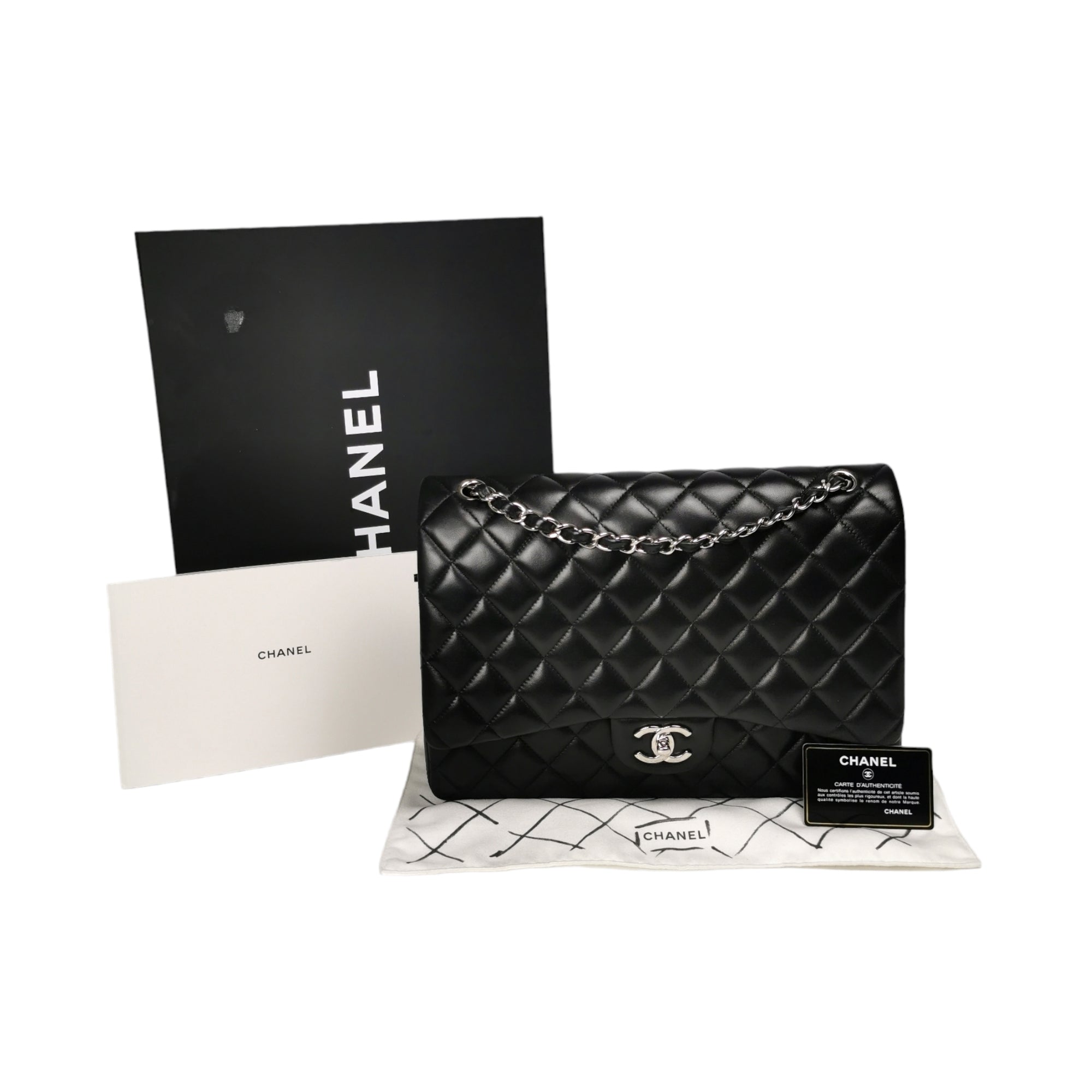 CHANEL Black Caviar Leather Classic Maxi Double Flap Bag Silver