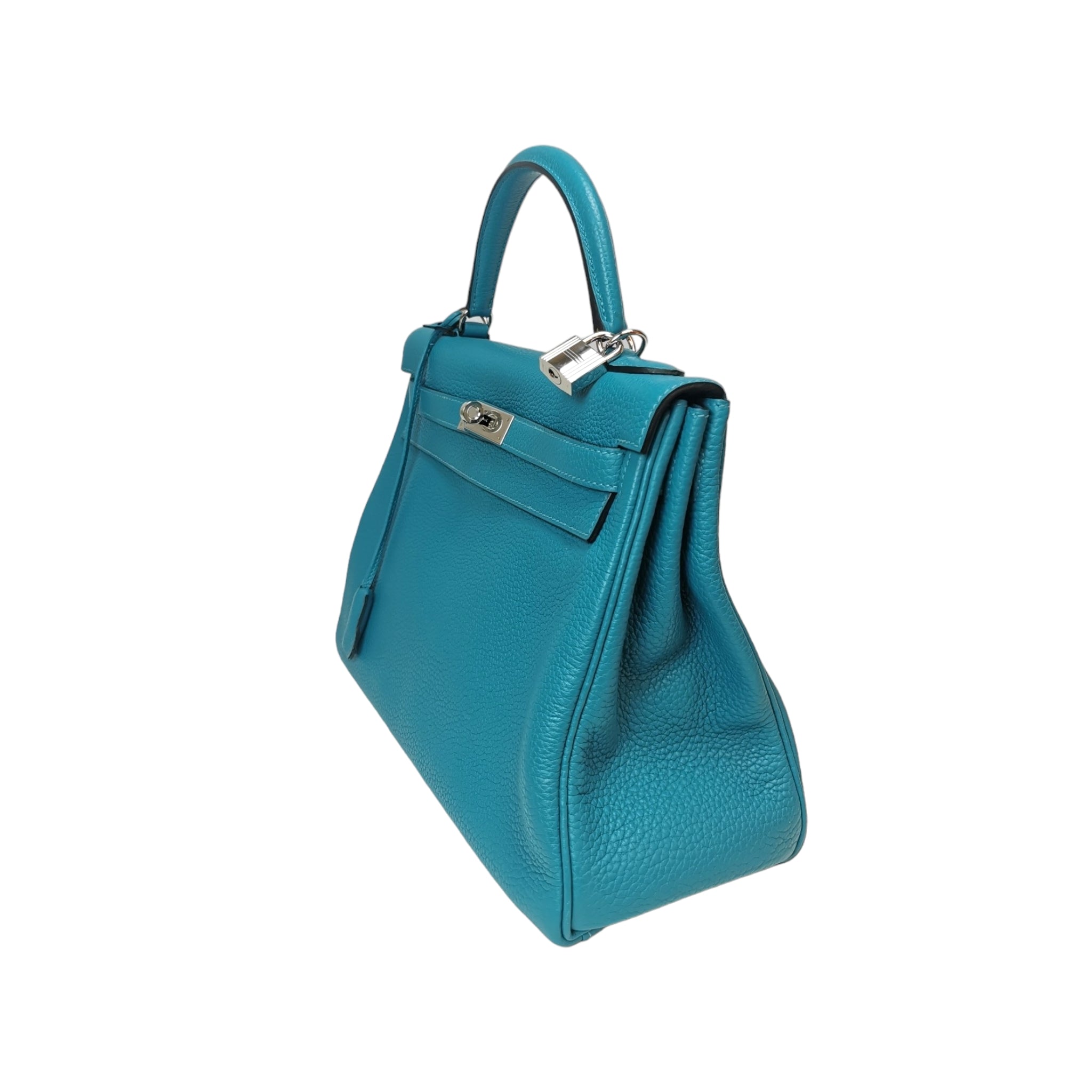 Hermes Kelly bag 32 Retourne Turquoise blue Clemence leather