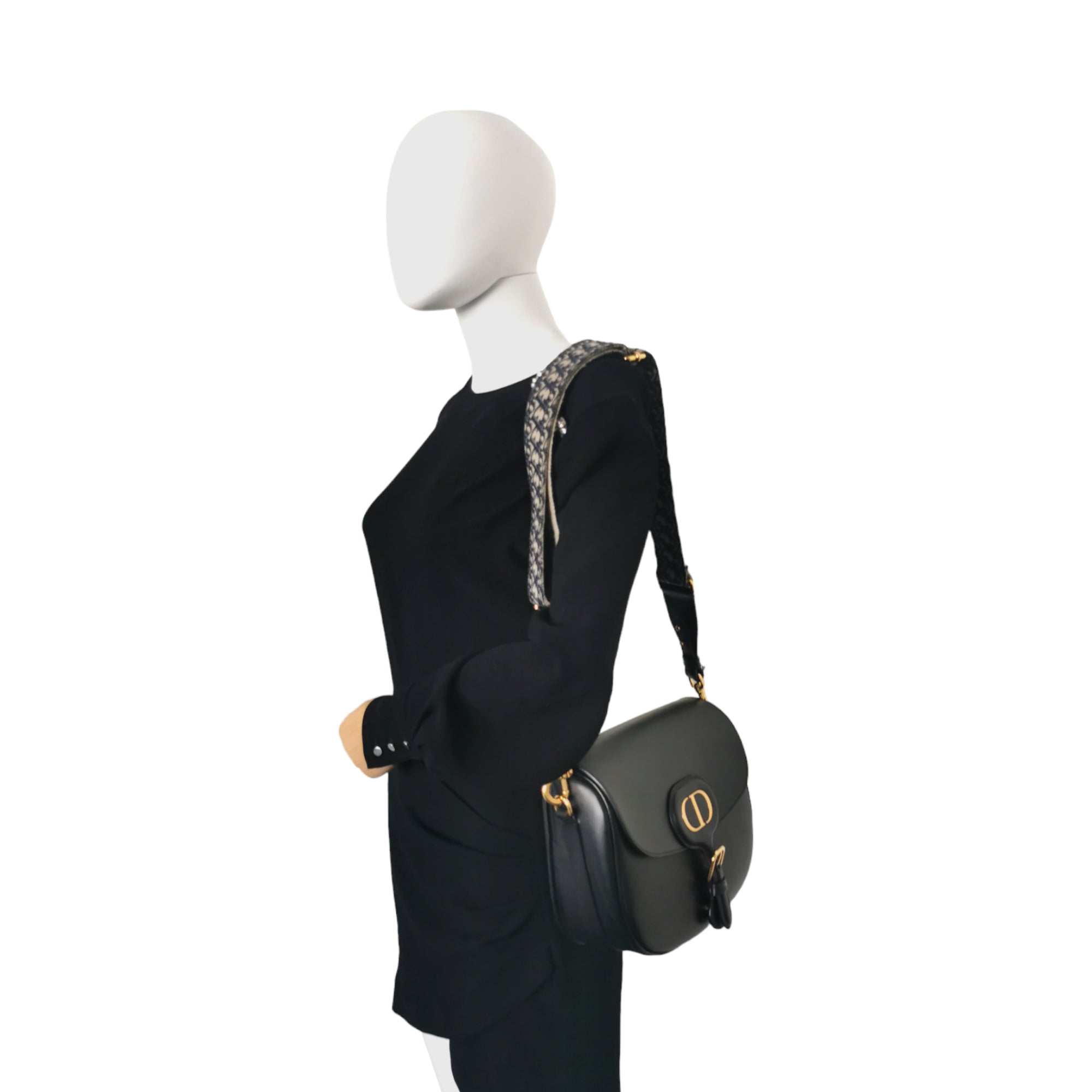 Large Dior Bobby Bag Black Box Calfskin with Blue Dior Oblique