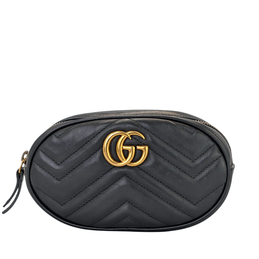 Secondhandbags AG black quilted leather Gucci GG Marmont belt bag with gold Double G logo and chevron pattern.