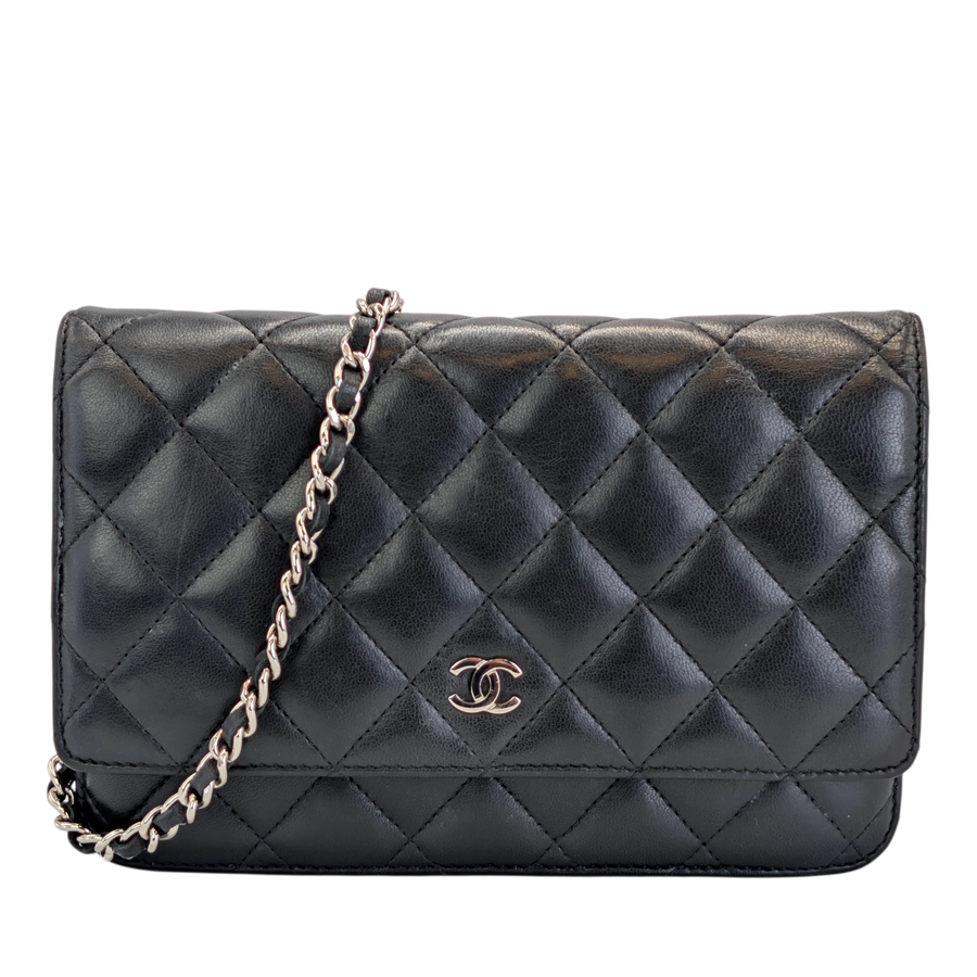Secondhandbags AG black lambskin quilted wallet on chain with silver hardware and chain strap.