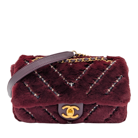 Chanel Flap Bag Small Burgundy Shearling Gold