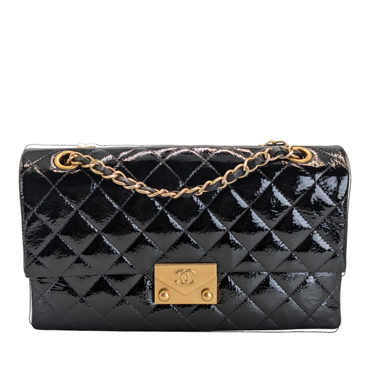 Chanel Classic Accordion Flap Medium Black Patent Leather Gold