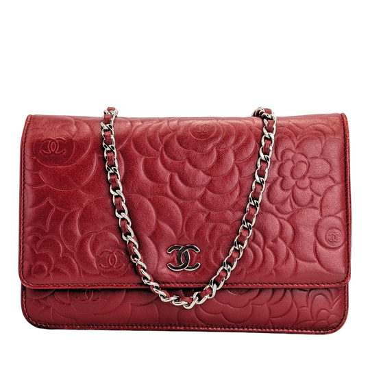 Chanel Camellia Wallet On Chain Red Lambskin Silver