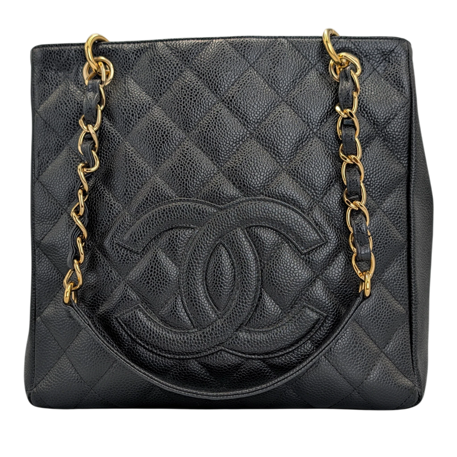 Secondhandbags AG Chanel PST Tasche aus schwarzem Caviar-Leder mit Rautensteppmuster, CC-Logo und goldener Kette
