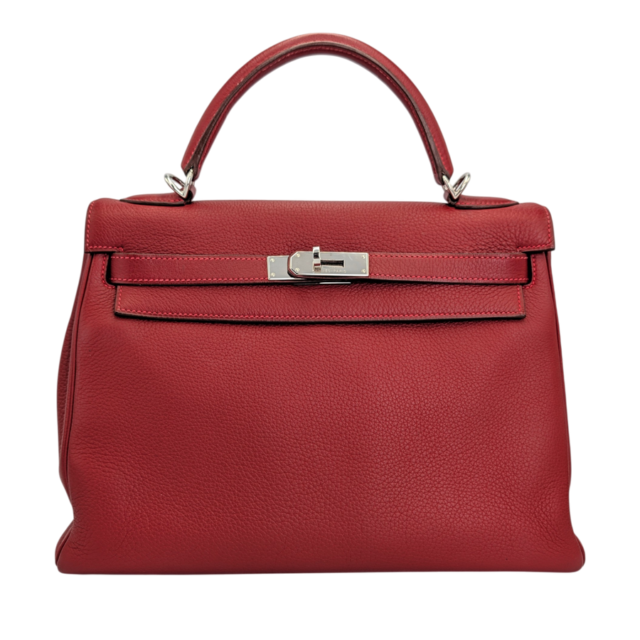 Secondhandbags AG Hermès Kelly 32 Handtasche aus rotem Togo-Leder mit silberfarbenen Palladium-Beschlägen