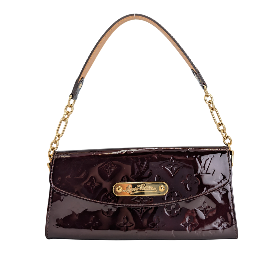 Secondhandbags AG Louis Vuitton Sunset Boulevard shoulder bag in burgundy monogram vernis patent leather with gold chain