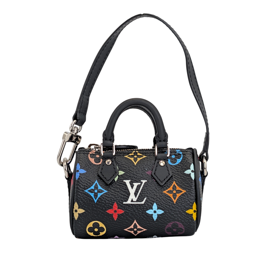 Secondhandbags AG Louis Vuitton x TM Nano Speedy Tasche aus schwarzem Monogram Multicolore Canvas mit Lederdetails