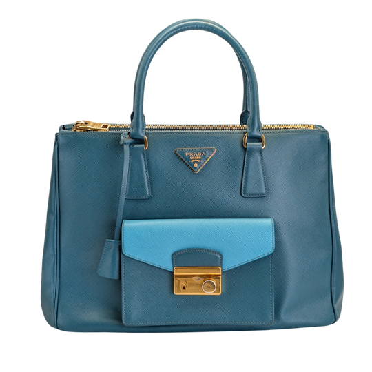 Prada Saffiano Lux Front Pocket Tote Blue Leather
