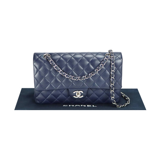 Chanel Classic Double Flap Medium Navy Lambskin Silver