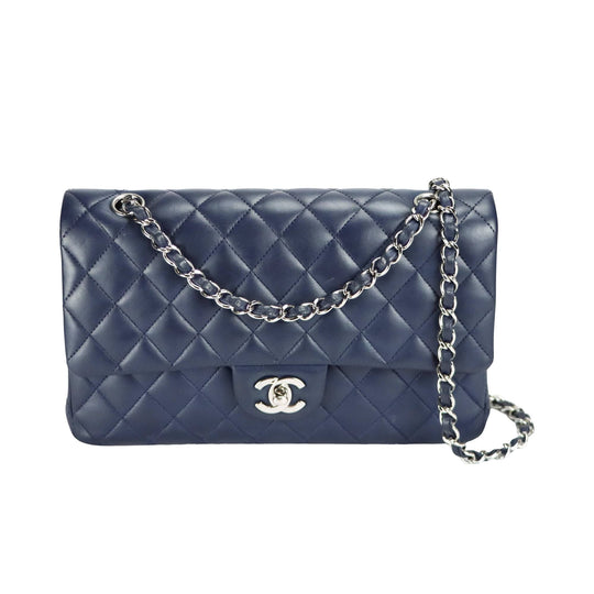 Chanel Classic Double Flap Medium Navy Lambskin Silver