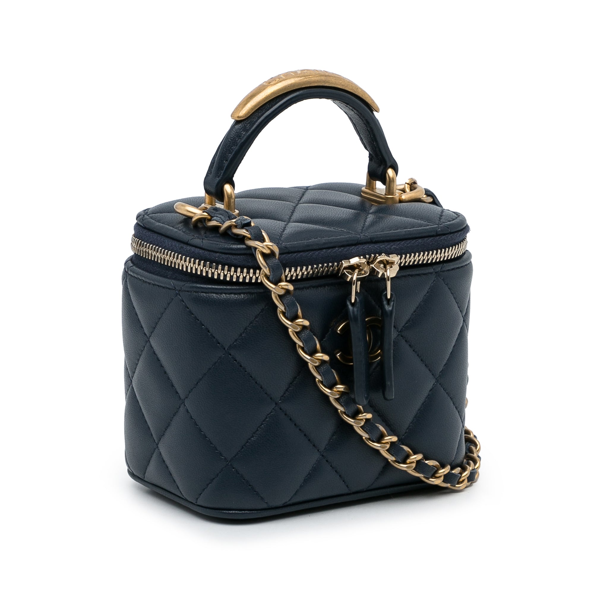 Chanel Top Handle Vanity Bag Small Blue Lambskin Gold