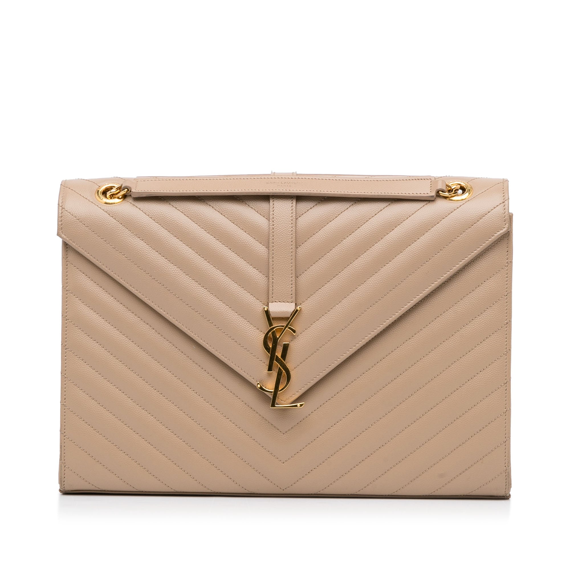 Yves Saint Laurent Envelope Large Beige Chevron Quilted Leather