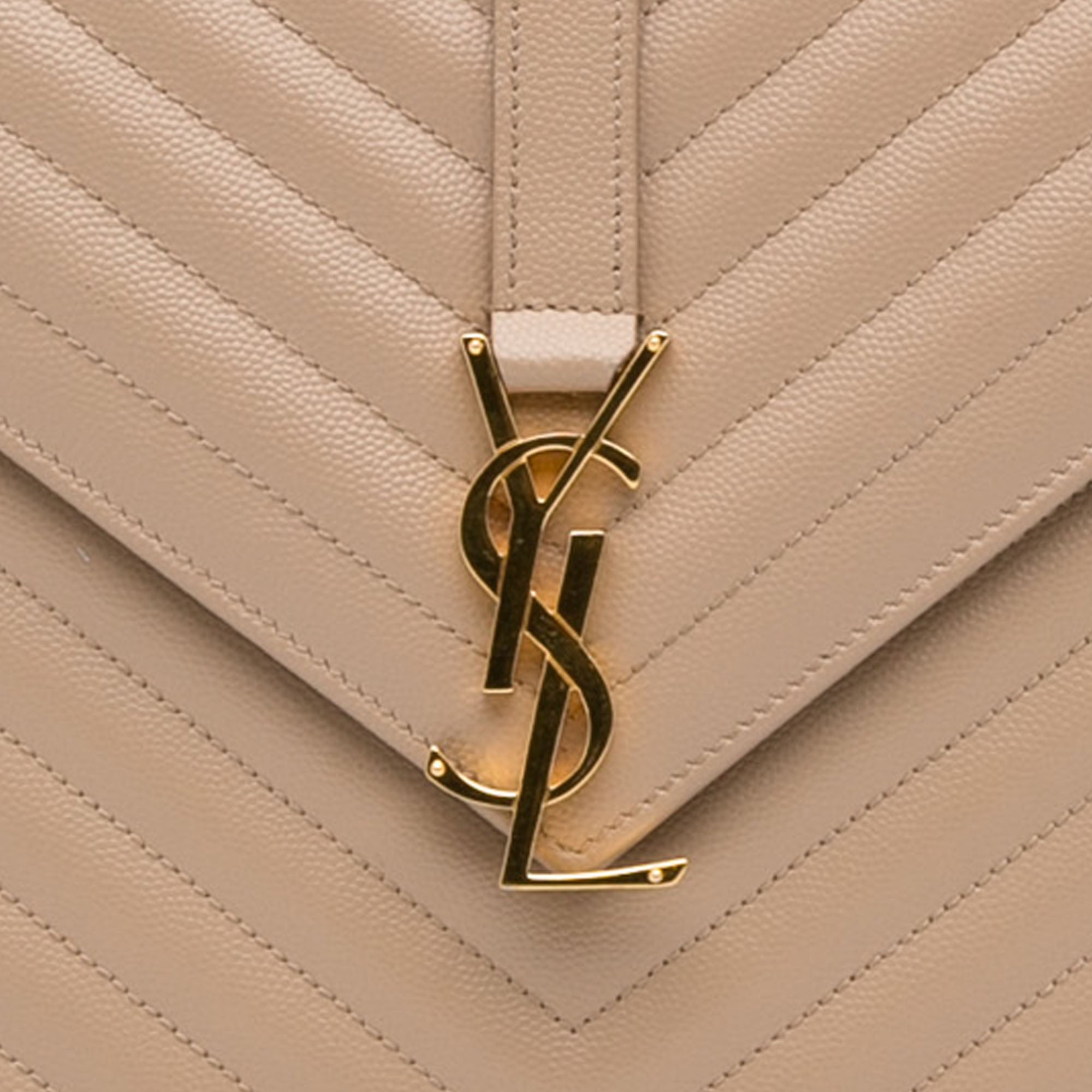 Yves Saint Laurent Beige Chevron Quilted Grained Leather Envelope