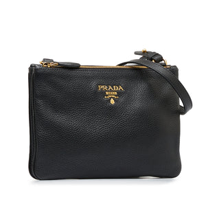 Black Vitello Daino Dual Strap Crossbody Bag