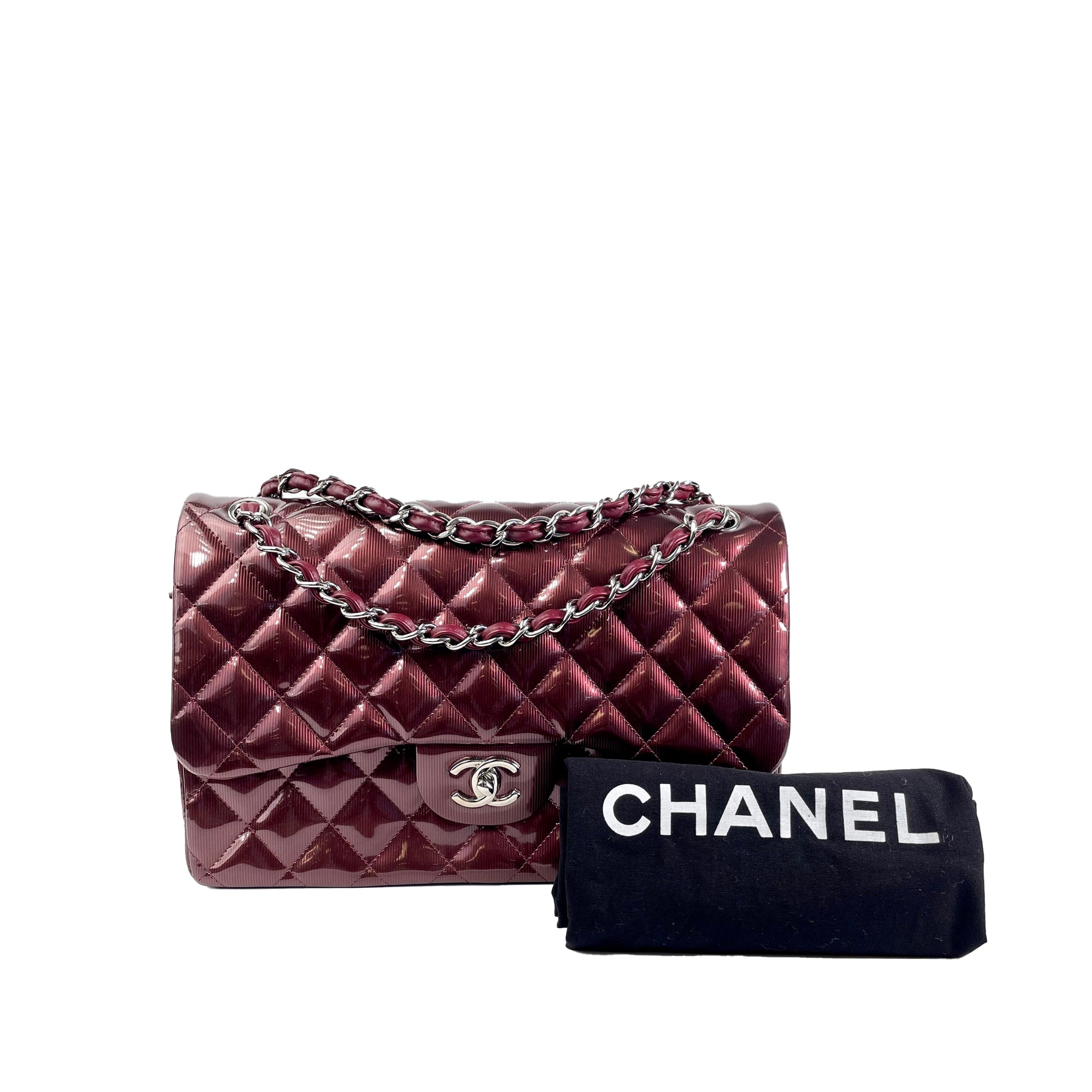 Chanel Classic Double Flap Jumbo Red Patent Leather Silver