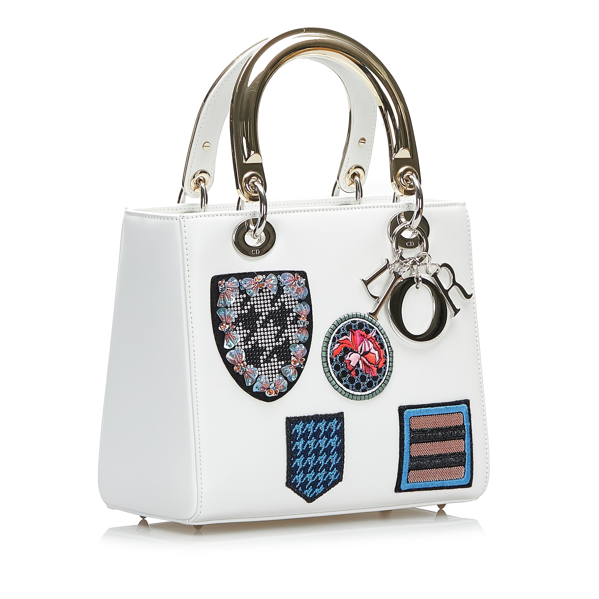 Dior Lady Dior Medium White Patch Embellished Leather Silver